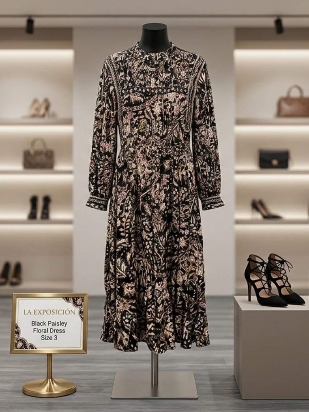 SFERRA Black Paisley & Floral Midi-MaxI Dress